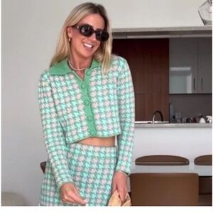 Zara Houndstooth Knit Cardigan & Skirt
